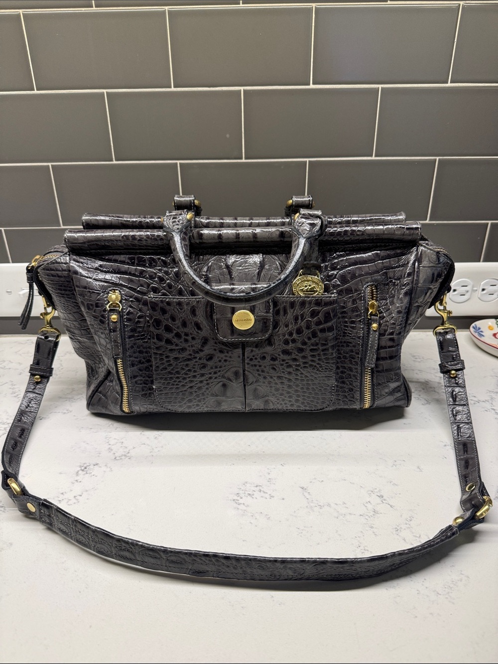 Brahmin Gray Croc Embossed Leather Shoulder Bag
